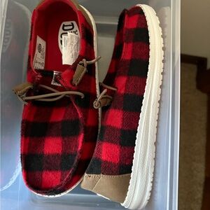 Hey Dude Red and Black Plaid Women's Slippers